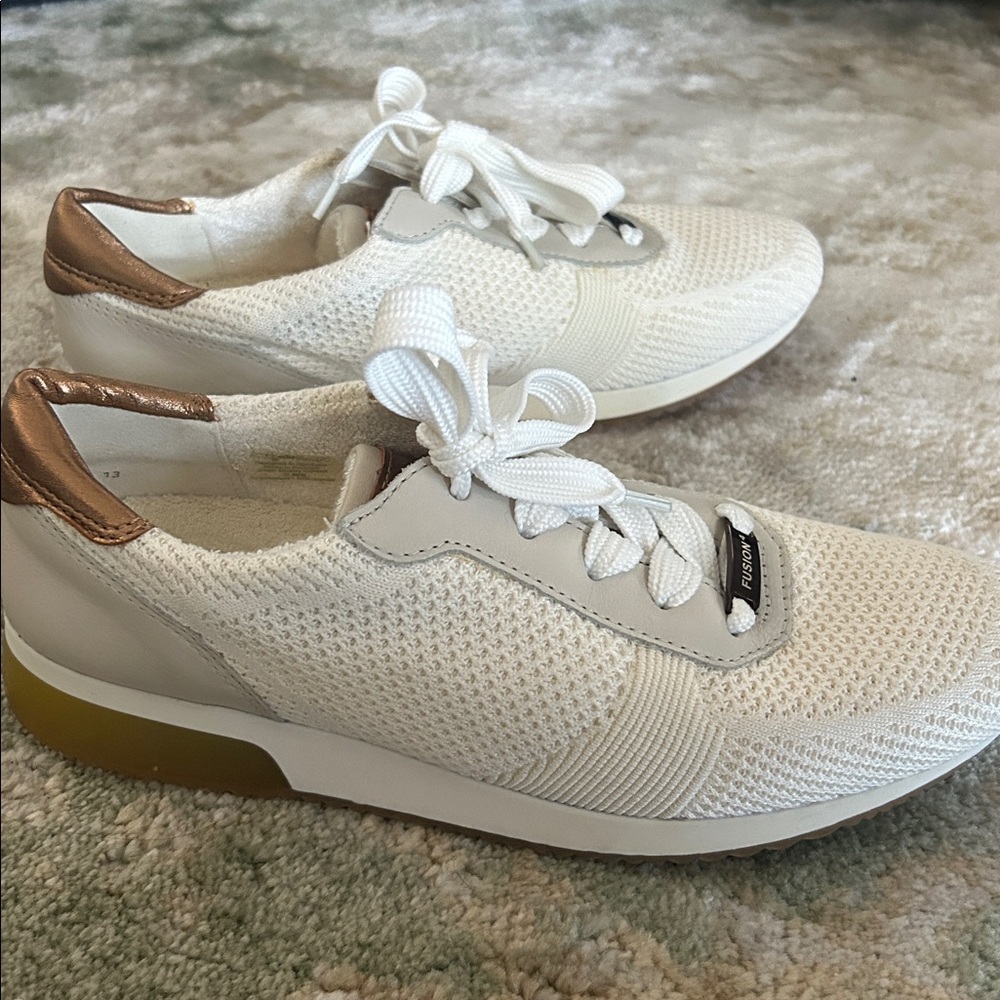 Comfort Knit Women's Sneakers in White with Metallic Bronze Accents